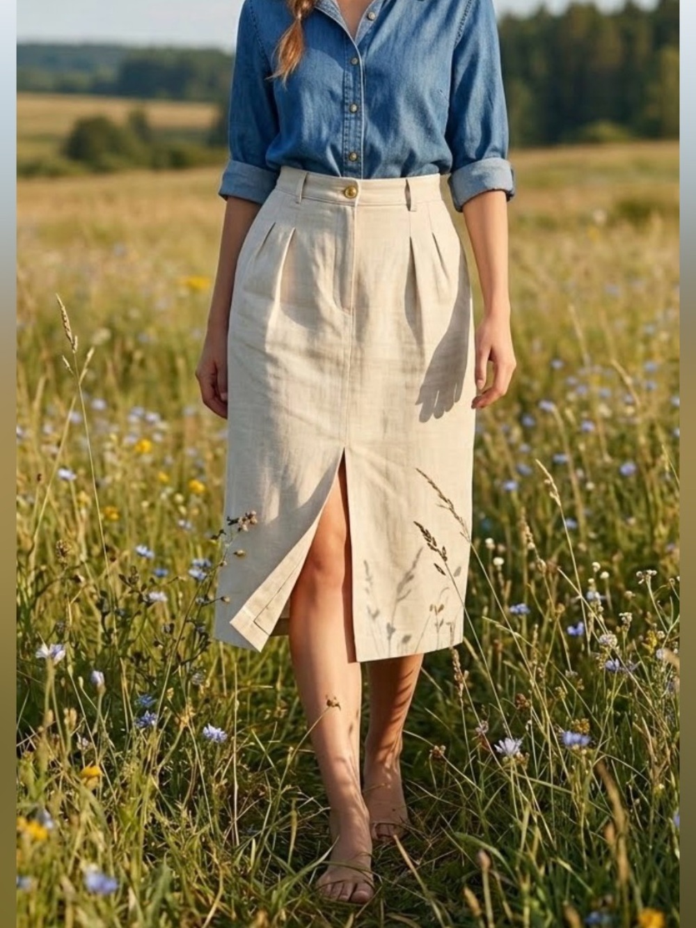 Banana Republic Beige Midi Skirt with Front Slit Linen Blend in Oatmeal